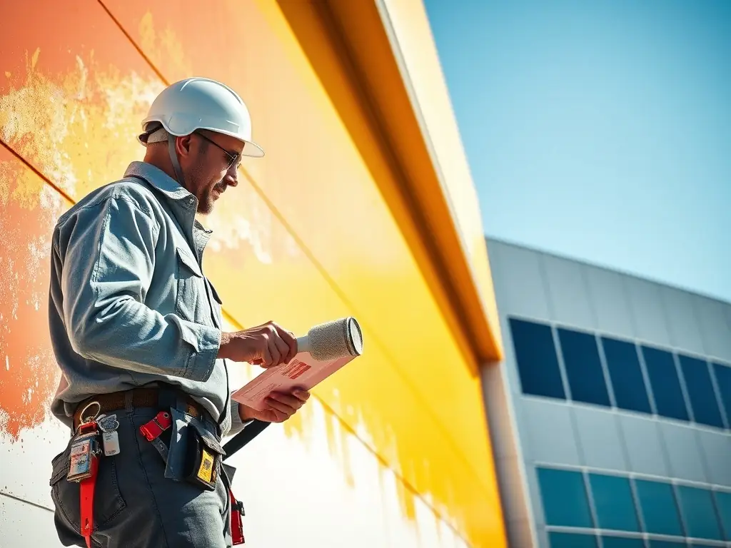 A painter from All Painting Plus 2 LLC carefully applying a coat of paint to a commercial building's exterior, demonstrating attention to detail and quality workmanship.