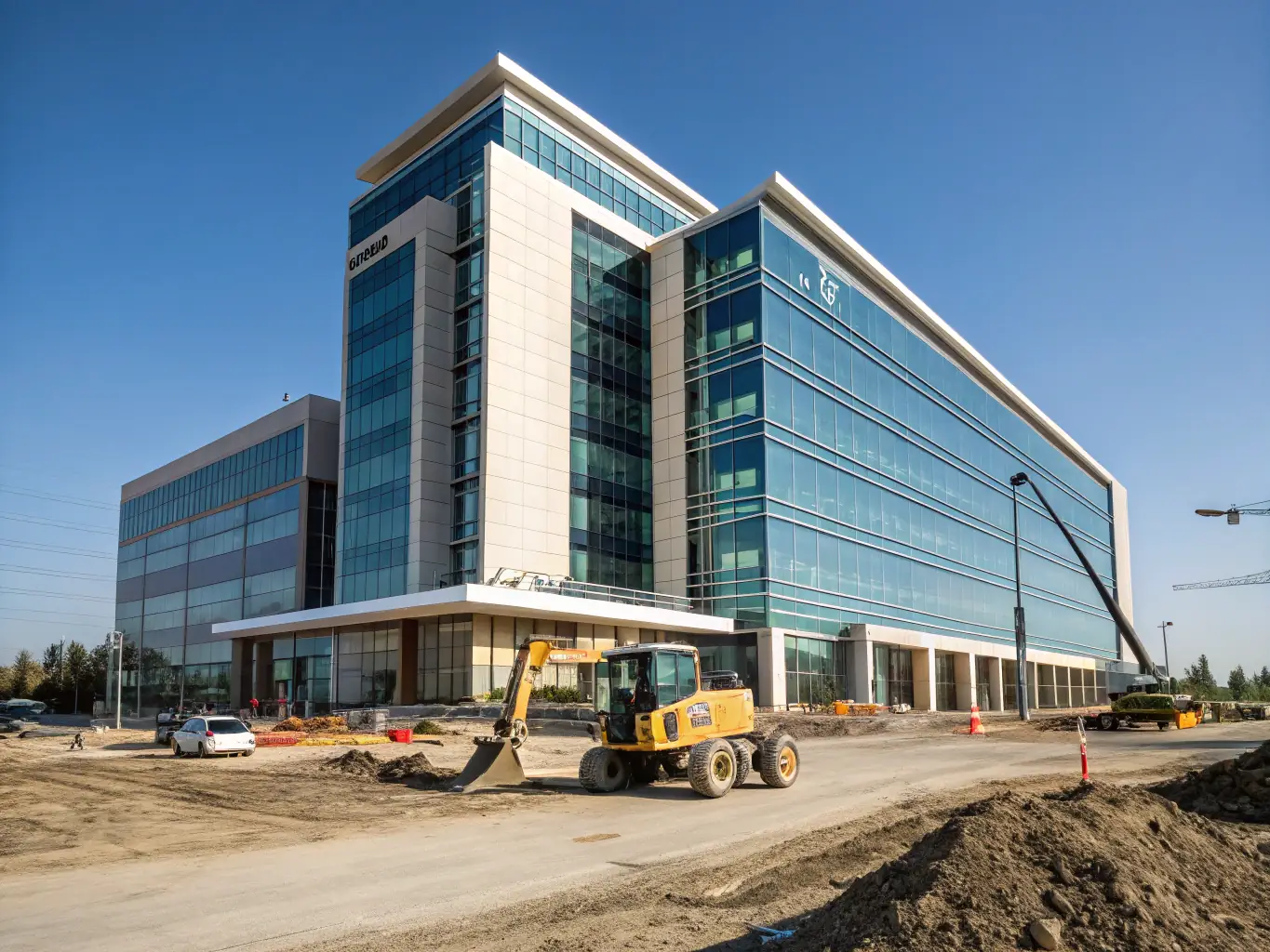 A construction site with a newly painted building facade, showcasing the clean lines and professional finish achieved by All Painting Plus 2 LLC.