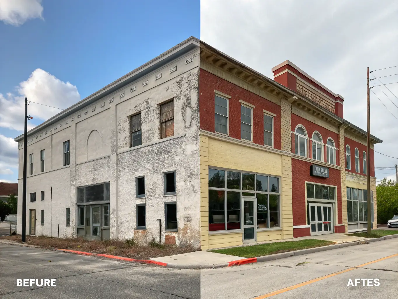 A side-by-side comparison of a building before and after painting by All Painting Plus 2 LLC, highlighting the transformative impact of a professional paint job.