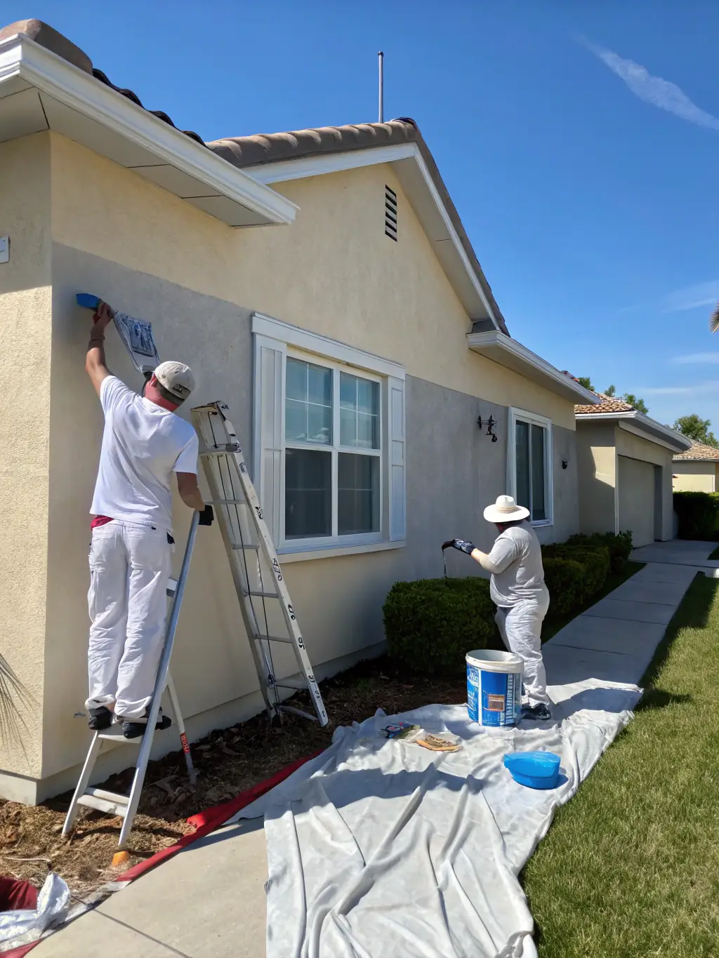 A well-maintained house exterior with a newly painted facade in a neutral color, highlighting All Painting Plus 2 LLC's exterior painting services and attention to detail.
