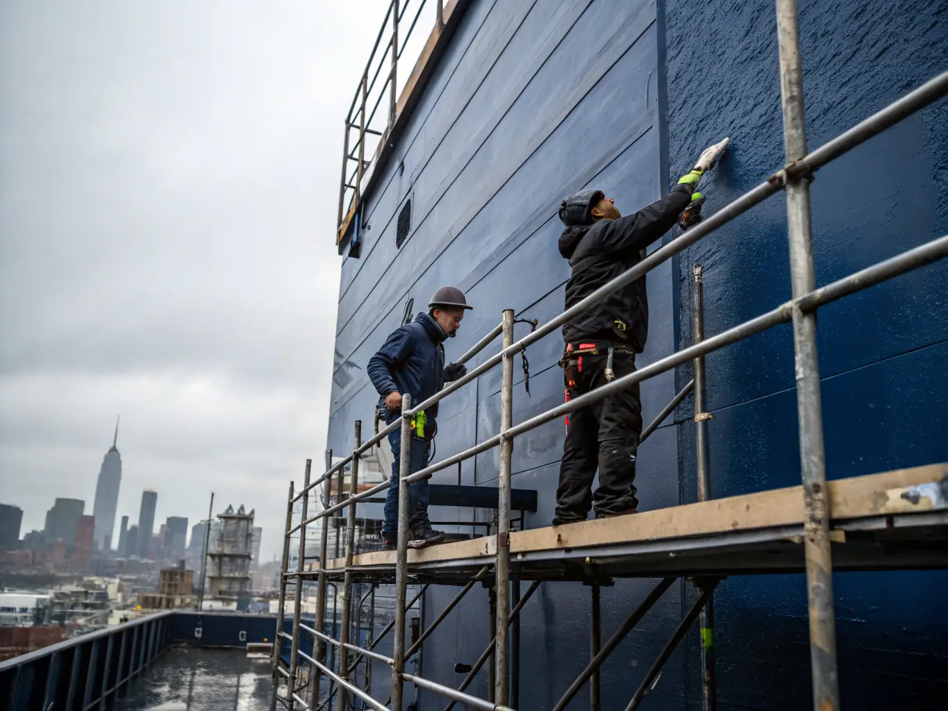 A commercial building exterior being painted by a professional team, highlighting the scale and expertise in commercial painting services provided by All Painting Plus 2 LLC.