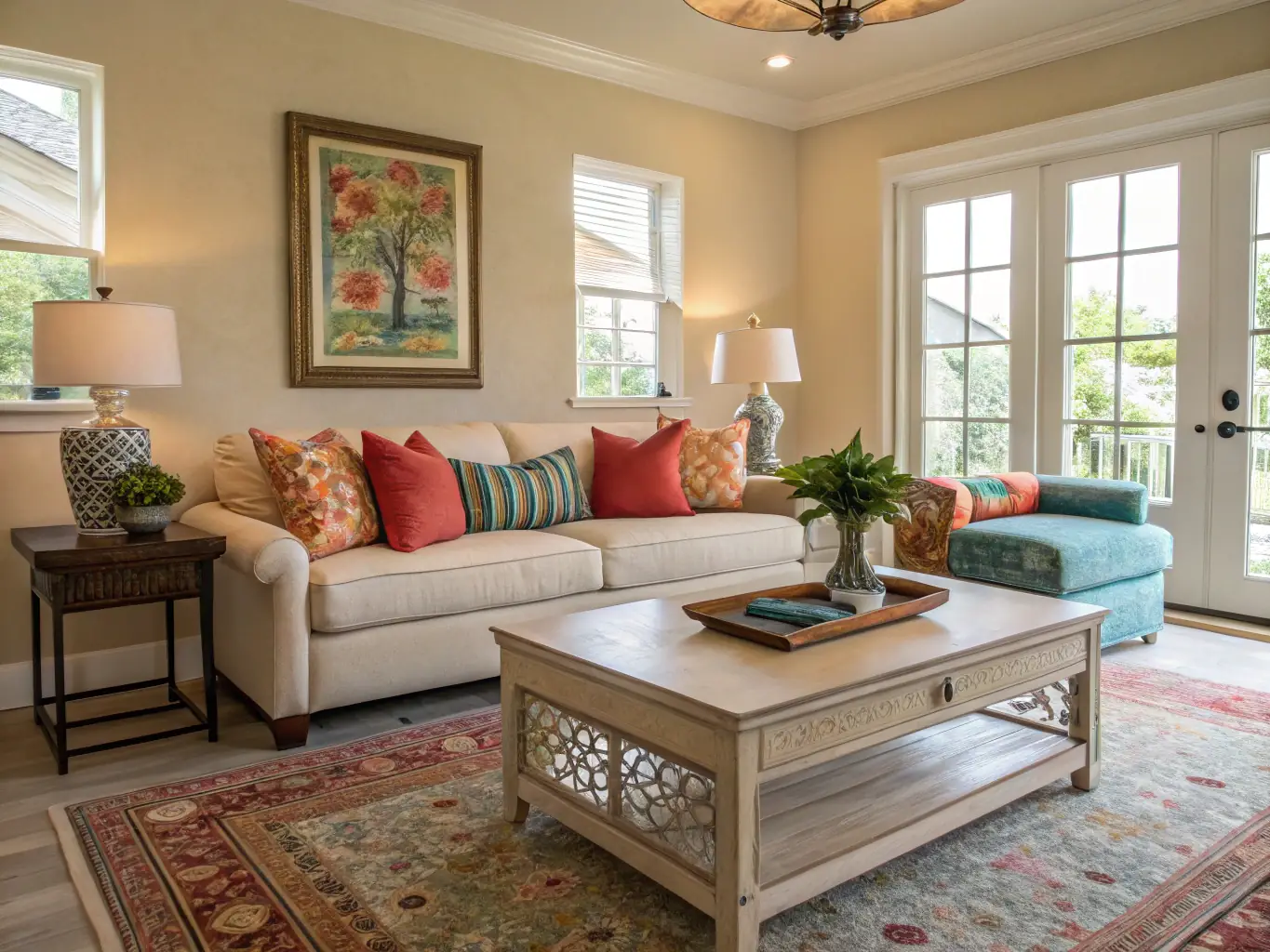 A beautifully painted living room with a fresh, modern color scheme, showcasing the quality of residential interior painting services offered by All Painting Plus 2 LLC.
