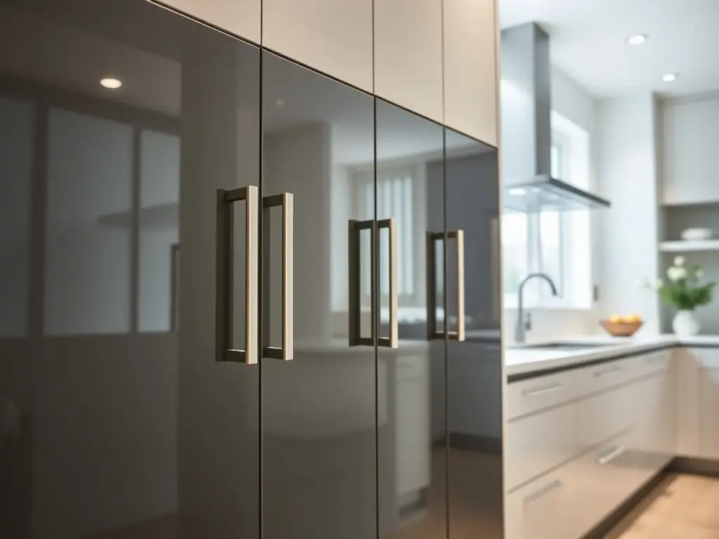 A close-up shot of expertly refinished kitchen cabinets, demonstrating the attention to detail and quality craftsmanship in cabinet painting and refinishing services by All Painting Plus 2 LLC.